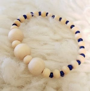 Wooden Bead & Blue Beaded Bracelet